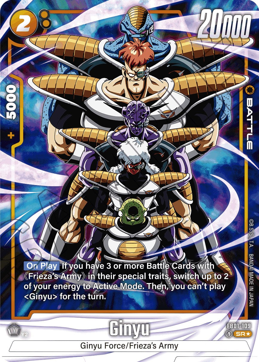 A Dragon Ball Super: Fusion World trading card features an illustration of Ginyu, flanked by three armored figures. Ginyu is prominently placed with purple energy swirling around. The card has a 20,000 power level and text detailing its abilities. The title reads 