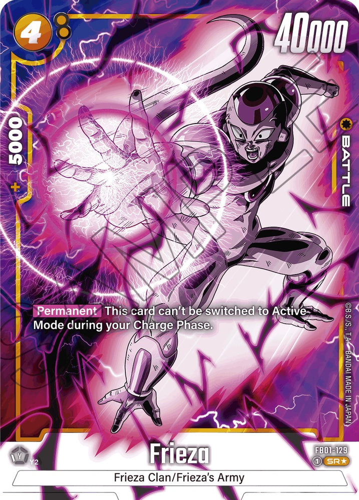 The Dragon Ball Super: Fusion World trading card named Frieza (FB01-129) (Alternate Art) [Awakened Pulse] depicts Frieza in a dynamic pose with an extended hand emitting energy, set against a purple lightning background. This Super Rare card features stats: 4 cost, 40,000 power, and 5,000 combo. The card text reads "Permanent: This card can’t be switched to Active Mode during your Charge Phase.