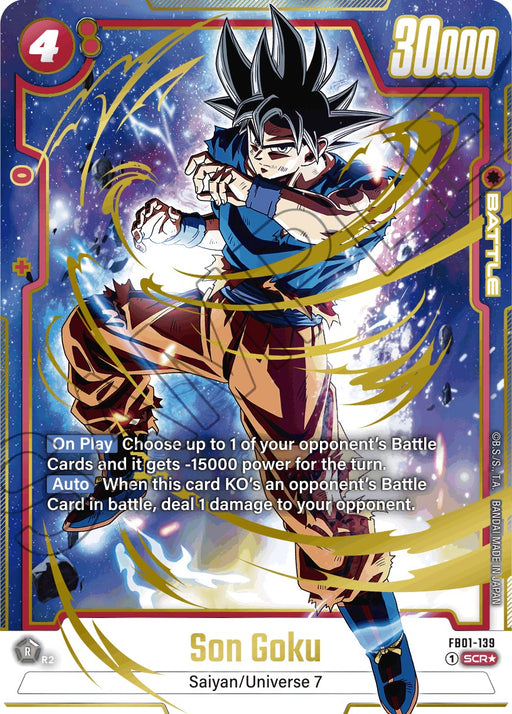 A Dragon Ball Super: Fusion World card featuring Son Goku (FB01-139) (Alternate Art) [Awakened Pulse] in a dynamic pose, with energy swirling around him. The card, part of the Secret Rare series, has a red background with gold borders and text. Goku's power level is 30,000. The Awakened Pulse ability and other stats are visible, making it a rare, powerful card.