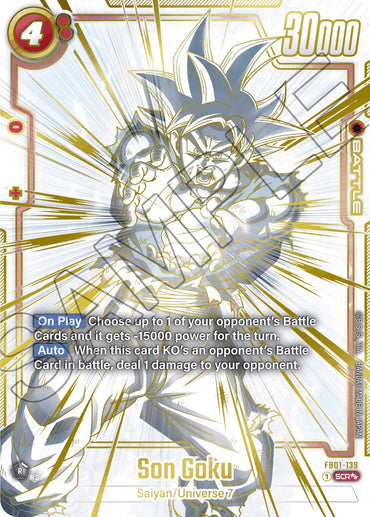 Introducing the Son Goku (FB01-139) Super Alternate Art [Awakened Pulse] trading card from the Dragon Ball Super: Fusion World series. This Secret Rare card showcases vibrant imagery of Son Goku in a dynamic pose surrounded by an intense golden aura. The card details his formidable abilities: reducing opponent's power and dealing additional damage, with a staggering power level of 30,000.