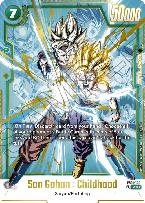 A card featuring "Son Gohan : Childhood (FB01-140) (Alternate Art) [Awakened Pulse]" with an energy explosion background. Gohan, in Super Saiyan form, has blonde hair and blue eyes, wearing a purple gi with a blue belt. The Awakened Pulse text details card effects and abilities, and there is a 50,000 power rating on the top right. This card is from Dragon Ball Super: Fusion World.