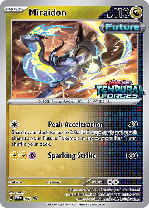 A Pokémon trading card featuring Miraidon (092) [Scarlet & Violet: Black Star Promos], a Future type with 110 HP. As part of the Black Star Promos, this card showcases two attack moves: Peak Acceleration, which searches for and attaches up to 2 Basic Energy cards, and Sparking Strike, delivering 160 damage. The vibrant graphics tie into the Scarlet & Violet series.