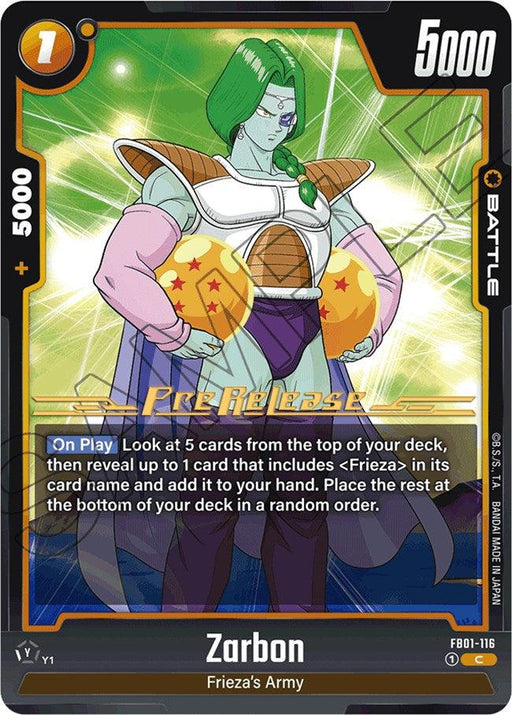 A "Dragon Ball Super: Fusion World" trading card featuring Zarbon [Awakened Pulse Pre-Release Cards]. The card has a 5000 power level and 1 energy cost. Zarbon, with green skin and hair, wears a purple and yellow uniform. Text reads "Awakened Pulse Pre-Release Cards" with abilities listed below. The card number is FB01-116.