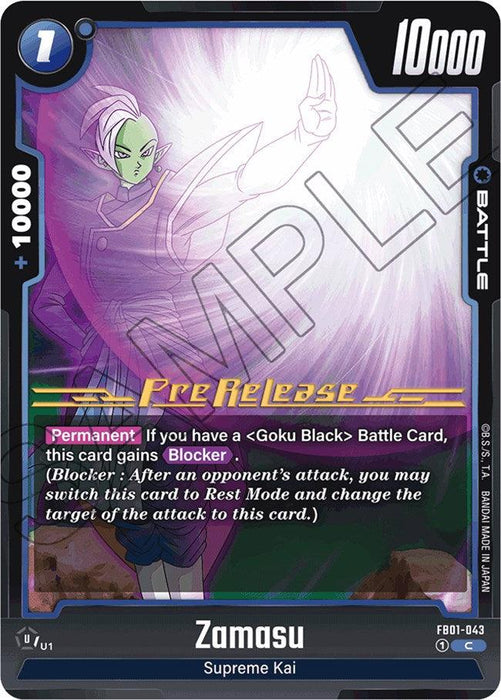 A trading card from the Dragon Ball Super: Fusion World featuring Zamasu. The Battle Card, part of the Zamasu (FB01-043) [Awakened Pulse Pre-Release Cards] series, showcases Zamasu with glowing eyes and purple energy. The top-right corner shows 10,000. Text reads that Zamasu gains Blocker when a Goku Black card is present.