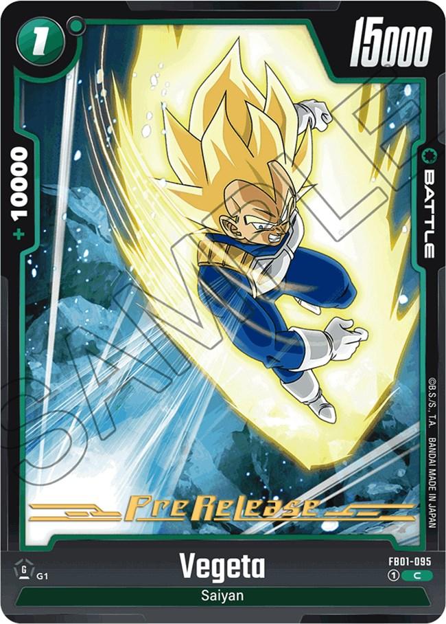 A Dragon Ball Super: Fusion World card featuring Vegeta in his Super Saiyan form with spiky yellow hair and a determined look. The background shows a dynamic, explosive scene. Text on the card includes 