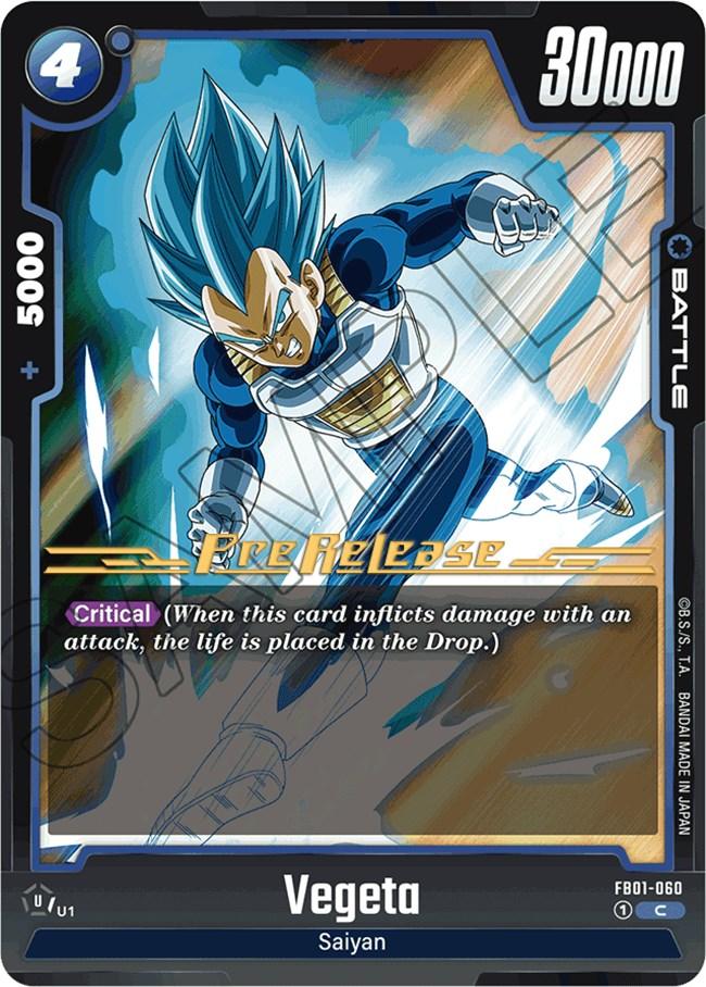 A Dragon Ball Super: Fusion World trading card featuring Vegeta (FB01-060) [Awakened Pulse Pre-Release Cards]. Labeled 