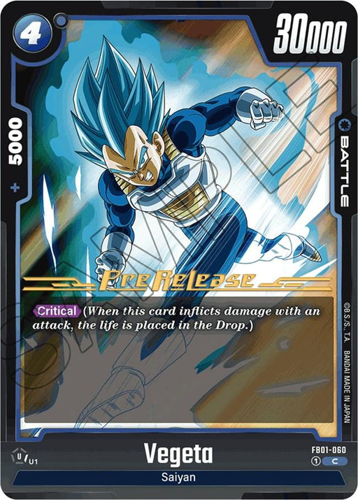 A Dragon Ball Super: Fusion World trading card featuring Vegeta (FB01-060) [Awakened Pulse Pre-Release Cards]. Labeled "Awakened Pulse Pre-Release," it shows an image of blue-haired Vegeta in blue and white armor, preparing to attack. The card has stats: 4 energy cost, 30000 power, and 5000 combo power. It features the keyword "Critical.
