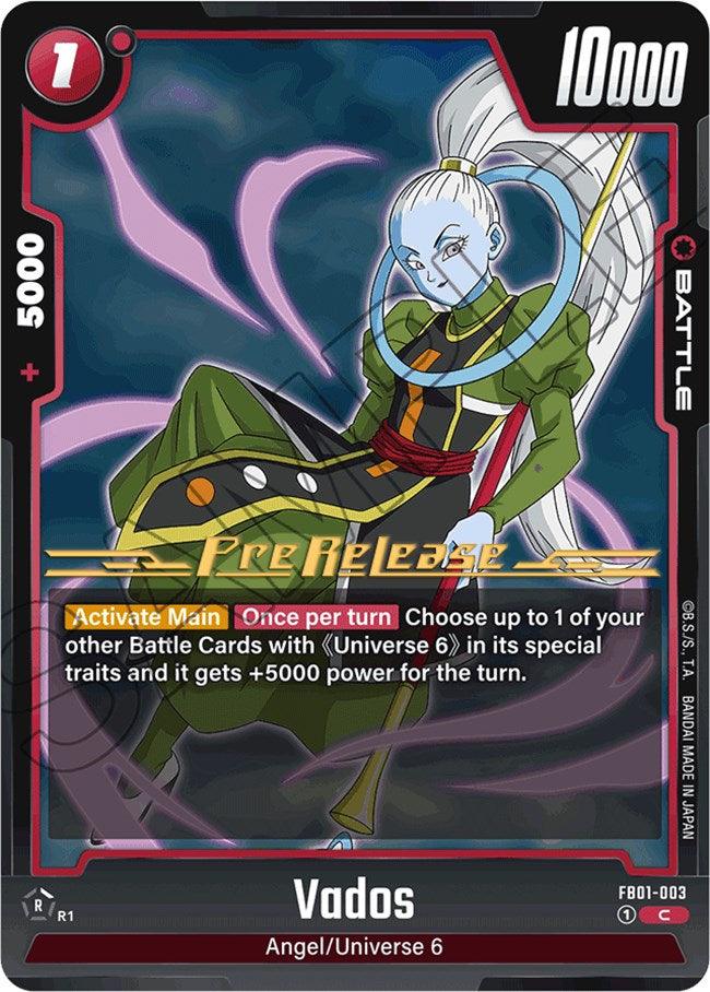 A Vados [Awakened Pulse Pre-Release Cards] trading card from the Dragon Ball Super: Fusion World series, featuring Vados from Universe 6. The card has a red border with 