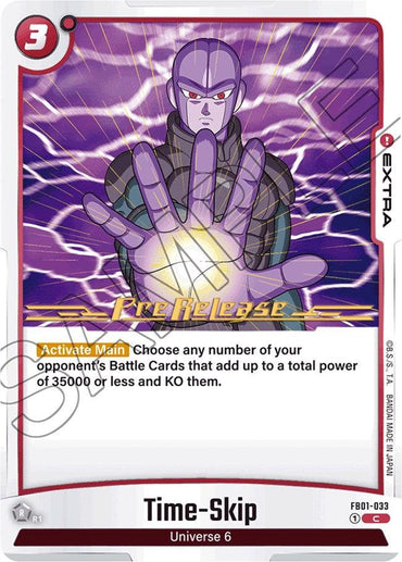 A Pre-Release Card titled "Time-Skip [Awakened Pulse Pre-Release Cards]" from Dragon Ball Super: Fusion World depicts a purple-skinned character in a grey and black outfit with a fierce expression, surrounded by purple energy waves. The card text reads: "Activate Main: Choose any number of opponent’s Battle Cards that add up to a total power of 35000 or less and KO them.