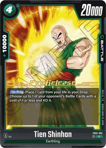 The Tien Shinhan (FB01-091) [Awakened Pulse Pre-Release Cards] from Dragon Ball Super: Fusion World features Tien Shinhan shirtless, wearing a green sash and displaying his prominent third eye with a fierce expression. This card boasts a power level of 20,000 and includes an ability to eliminate an opponent's Battle Card with a cost of 4 or less.