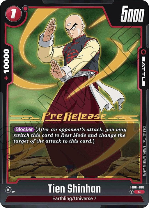 A trading card featuring Tien Shinhan (FB01-018) [Awakened Pulse Pre-Release Cards] from the Dragon Ball Super: Fusion World series. Tien stands ready for battle with his right hand raised, wearing his traditional martial arts attire. The card showcases a power level of 5000 and a combo power of +10000. Marked "Pre Release" with "Blocker" ability described, it is part of the Awakened Pulse Pre-Release Cards collection within the Dragon Ball Super: Fusion World brand.