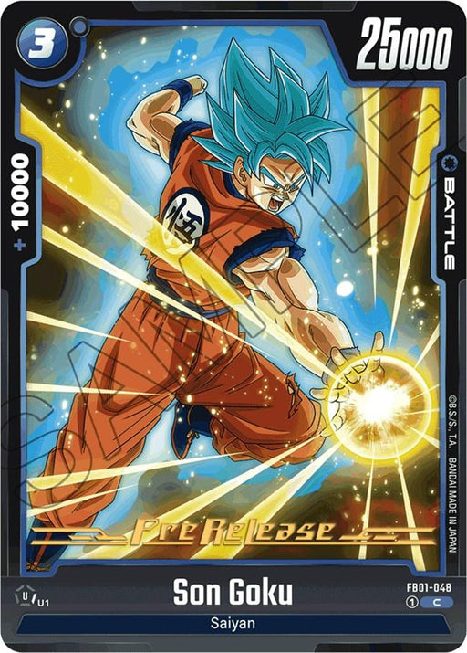 A trading card from Dragon Ball Super: Fusion World features Son Goku (FB01-048) [Awakened Pulse Pre-Release Cards] in blue hair and orange martial arts attire, surrounded by a blue aura. He's charging a yellow energy ball in his right hand. The border displays various stats: "Power 25000," "Combo 10000," and "Energy 3." The text reads "Awakened Pulse Pre-Release Cards," "FB01-048," and "Saiyan."
