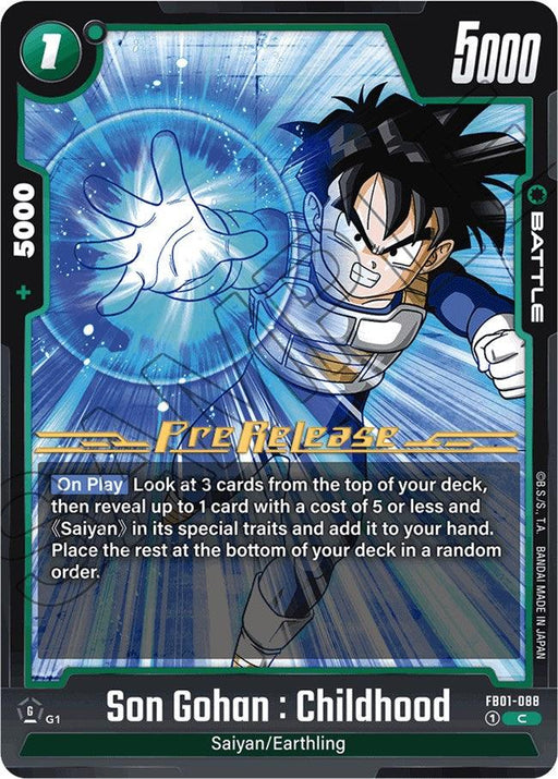 A trading card featuring Son Gohan : Childhood (FB01-088) [Awakened Pulse Pre-Release Cards] with an illustration of a young Saiyan boy with spiky black hair in a fighting pose, wearing a white and purple outfit. The card, from Dragon Ball Super: Fusion World, details stats like 5000 power, level 1, and special abilities. Awakened Pulse potential radiates from him.
