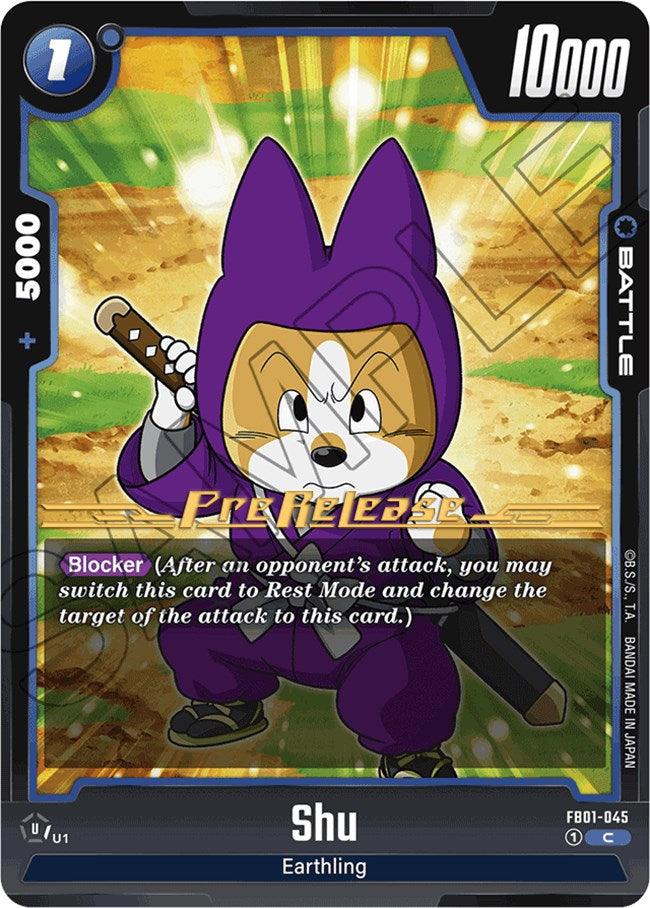 A trading card featuring Shu, an Earthling character in a purple hooded outfit, holds a sword and stands in a dynamic pose. The text on this Shu [Awakened Pulse Pre-Release Cards] from Dragon Ball Super: Fusion World includes the 