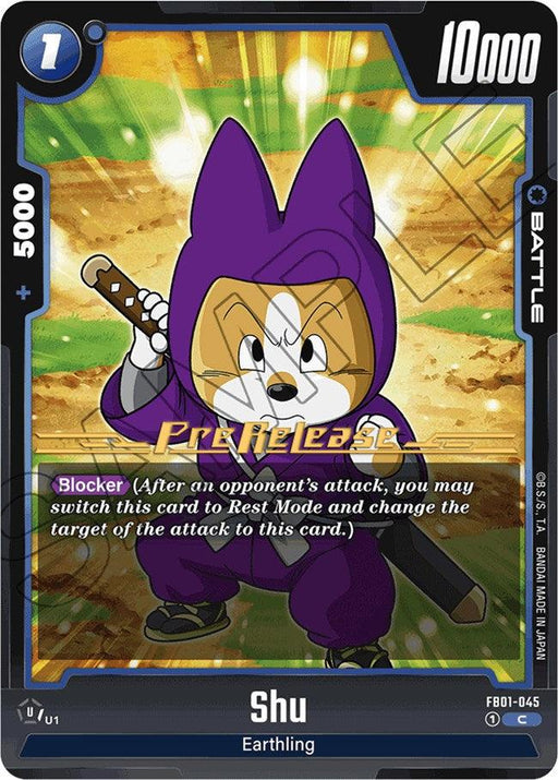A trading card featuring Shu, an Earthling character in a purple hooded outfit, holds a sword and stands in a dynamic pose. The text on this Shu [Awakened Pulse Pre-Release Cards] from Dragon Ball Super: Fusion World includes the "Blocker" ability description, an "Awakened Pulse" badge, and stats: 1 energy cost, 5000 Power, and 10000 Battle points.