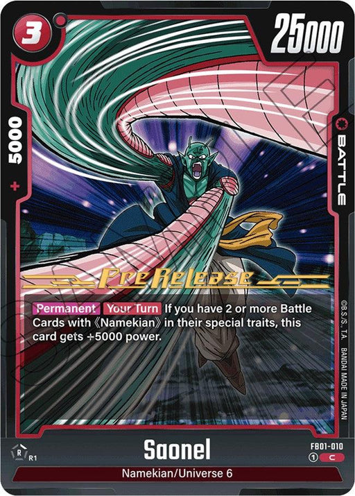A digital card from the Dragon Ball Super: Fusion World. The card features an illustration of Saonel, a green, muscular Namekian, extending his arms in a fighting stance. Part of the Saonel [Awakened Pulse Pre-Release Cards] series, it includes labels like "Permanent," "Your Turn," and stats such as "Battle Power 25000" and "Power 5000.
