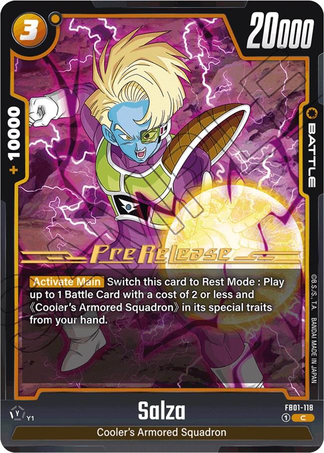 A Dragon Ball Super: Fusion World card from the Awakened Pulse Pre-Release set, featuring Salza (FB01-118) in an aggressive pose surrounded by purple lightning. This card has a yellow border, a cost of 3, and power of 20,000. It includes the ability to switch to Rest Mode and play a card with a cost of 2 or less.