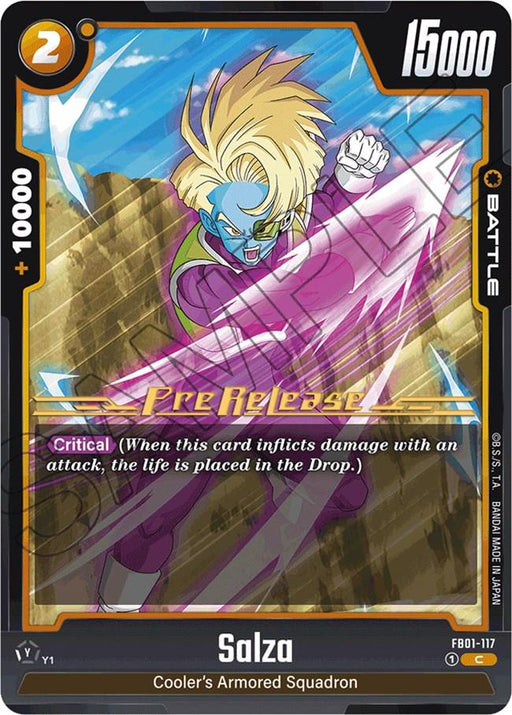 A **Salza (FB01-117) [Awakened Pulse Pre-Release Cards]** featuring Salza from **Dragon Ball Super: Fusion World**. Salza, with blue skin, blond hair, and a purple outfit, is poised to punch with an Awakened Pulse. The card details: 2 energy cost, 10000 power, 15000 combo, "Critical" ability. Labeled as "Pre-Release," it’s part of "Cooler's Armored Squadron" set