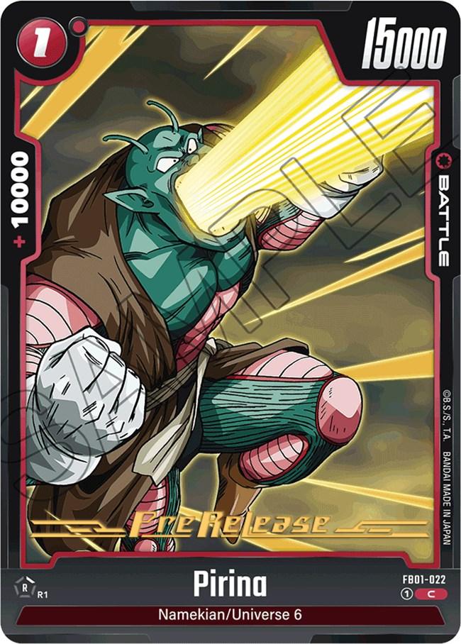 From the *Dragon Ball Super: Fusion World* set, the *Pirina [Awakened Pulse Pre-Release Card]* showcases Pirina, a green, muscular Namekian from Universe 6. In a dynamic pose, he unleashes a powerful yellow blast from his mouth while wearing a brown cloak and displaying a determined expression. This pre-release card is numbered FB01-022 and boasts an impressive power level of 15,000.