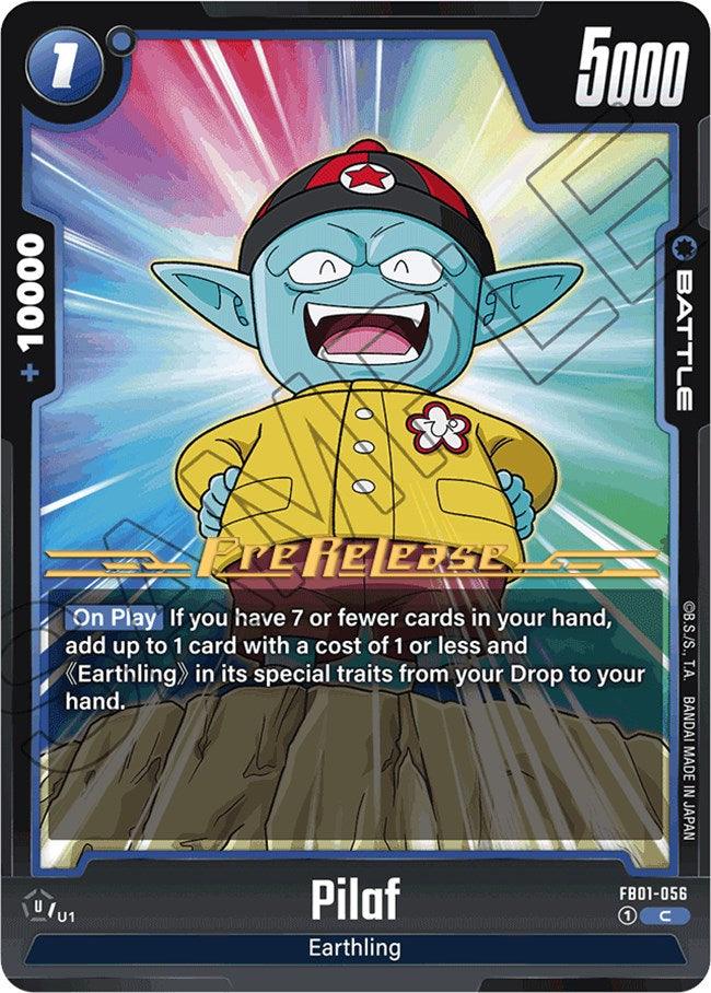 A Pilaf [Awakened Pulse Pre-Release Cards] from Dragon Ball Super: Fusion World featuring Pilaf with blue skin, pointed ears, and dressed in a yellow and red outfit with a black hat. The card displays text abilities and stats like 