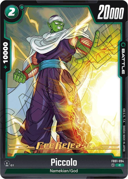 A trading card image of Piccolo, labeled as "Namekian/God," with a battle power of 20,000 and a 10,000 boost. He stands in a dynamic pose, surrounded by a glowing yellow aura, wearing his traditional outfit. The Pre-Release card has the label "Awakened Pulse" at the bottom with code "FB01-094" and number. This is the Piccolo (FB01-094) [Awakened Pulse Pre-Release Cards] from Dragon Ball Super: Fusion World.