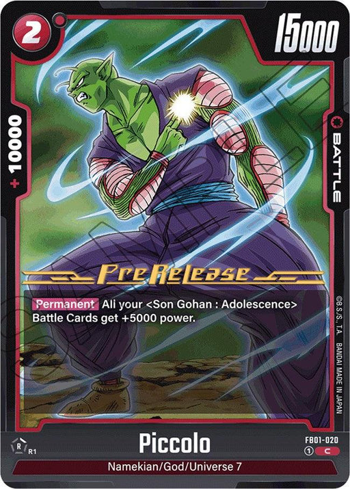 Trading card showing Piccolo from Dragon Ball Z poised in a fighting stance. The card, named "Piccolo (FB01-020) [Awakened Pulse Pre-Release Cards]," includes various stats: Energy cost 2, power 15000, combo 10000. It features "Pre-Release" text. Ability: "Permanent: All your 'Son Gohan: Adolescence' Battle Cards get +5000 power." This product is part of the Dragon Ball Super: Fusion World brand.