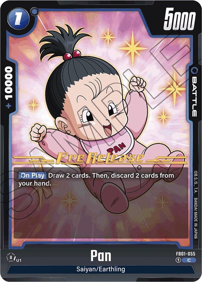 A trading card from the product "Pan [Awakened Pulse Pre-Release Cards]" by Dragon Ball Super: Fusion World, featuring Pan as a cheerful baby with her hair in a top-knot, wearing a pink outfit. The card includes text such as "+10000," "5000," "On Play: Draw 2 cards. Then, discard 2 cards." At the bottom, it reads "Pan Saiyan/Earthling" and has a "Free Release" label.