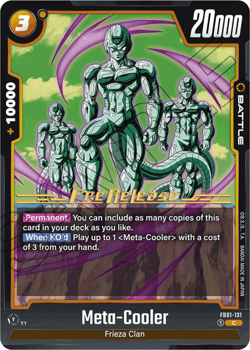 The image shows a "Meta-Cooler [Awakened Pulse Pre-Release Cards]" trading card titled "Meta-Cooler" from the Frieza Clan. It features three metallic warriors with green and silver bodies on a purple background. The card allows multiple copies in a deck and includes a special ability triggered during battle when the card is knocked out as part of Dragon Ball Super: Fusion World.