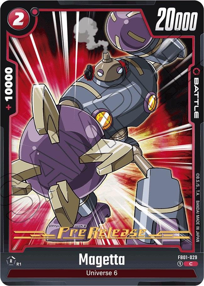 A trading card from the Dragon Ball Super: Fusion World brand featuring Magetta [Awakened Pulse Pre-Release Cards], a robot-like character from Universe 6, in a dynamic action pose. The backdrop showcases a vibrant red explosion. The card details include an energy cost of 2, power of 20,000, and a +10,000 boost. 