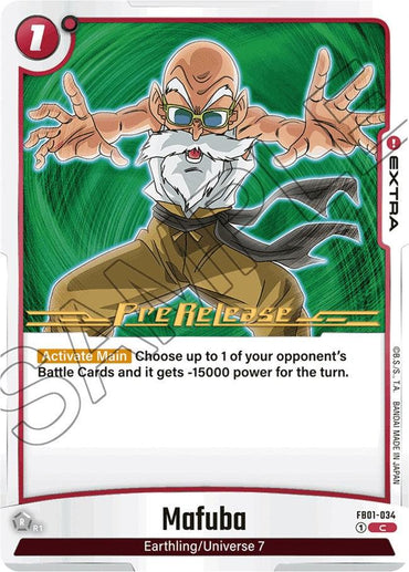 The Mafuba [Awakened Pulse Pre-Release Cards] from Dragon Ball Super: Fusion World showcase a character with glasses, a white beard, and a bald head. As an Extra Type card, it has a cost of one and enables you to reduce an opponent's Battle Card's power by 15000 for the turn.