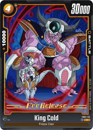 The trading card, part of the "King Cold [Awakened Pulse Pre-Release Cards]" collection from Dragon Ball Super: Fusion World, features King Cold from the Frieza Clan. This large, muscular character with purple skin is depicted in white armor with horns, standing in a dominant pose and ready for battle. His armored tail extends outward dramatically. The card displays stats of "+10000," "30000," and "4," and is marked as a "Pre Release" at the bottom.