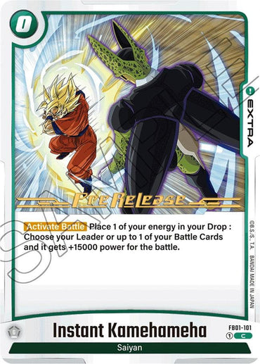 A Dragon Ball Super: Fusion World card titled "Instant Kamehameha [Awakened Pulse Pre-Release Cards]" depicts a fierce battle between Goku, charging his Kamehameha wave, and Cell in a defensive stance. This Extra card with the rarity symbol and number FB01-101 includes game instructions.