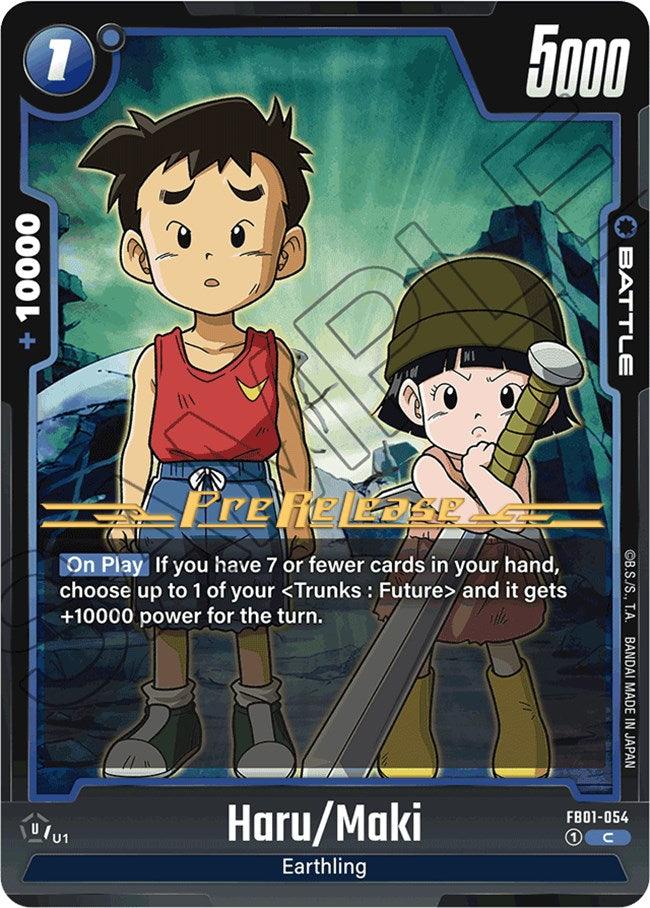 Introducing the Haru/Maki [Awakened Pulse Pre-Release Cards] from Dragon Ball Super: Fusion World. This collectible card features Haru in a red tank top and blue shorts, while Maki is equipped with a green helmet and holding a grenade. With an impressive +10000 power boost, it enhances any 