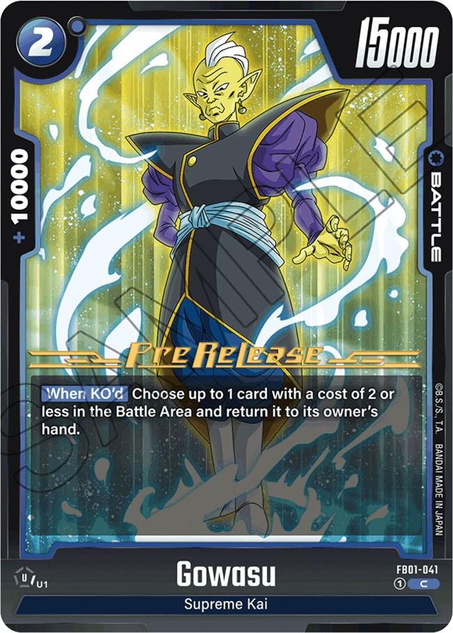 Introducing the Gowasu (FB01-041) [Awakened Pulse Pre-Release Cards] from Dragon Ball Super: Fusion World. This trading card features Supreme Kai Gowasu with yellow skin and silver hair, adorned in traditional Supreme Kai attire, complete with a blue and purple tunic. The card boasts a power rating of 15000, has a cost of 2, and includes a special effect that allows the player to retrieve a low-cost card when KO'd.