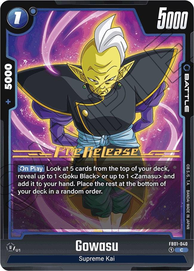 A "Dragon Ball Super: Fusion World" card featuring Gowasu (FB01-040) with pointed ears, a yellow face, white hair, and a purple aura background. Labeled as an "Awakened Pulse Pre-Release Card" in gold, it has a battle power of 5000 and includes "On Play" instructions.