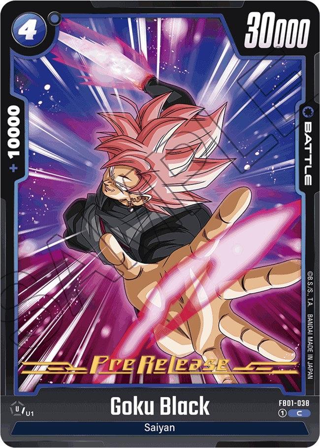 A Dragon Ball Super: Fusion World Pre-Release Card featuring Goku Black (FB01-038) [Awakened Pulse Pre-Release Cards]. He has pink hair and is poised for an attack, with a pink energy blade in his hand. The card shows stats like 30,000 power and +10,000 defense. The backdrop features dynamic energy bursts. Text at the bottom reads 