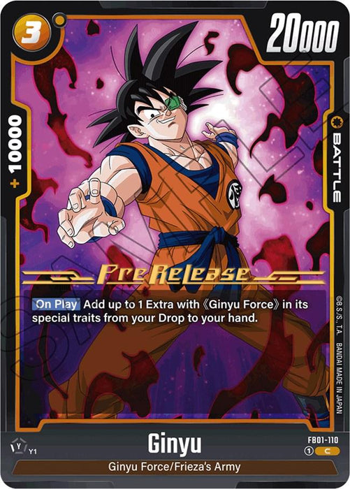 A trading card featuring Ginyu from the Ginyu Force with Frieza's Army. The card, part of the Dragon Ball Super: Fusion World set, has a battle power of 20,000 and a combo power of 10,000. Ginyu is depicted in an attack stance with a fierce expression against a dark, fiery background. "Pre-Release" and Ginyu (FB01-110) [Awakened Pulse Pre-Release Cards].