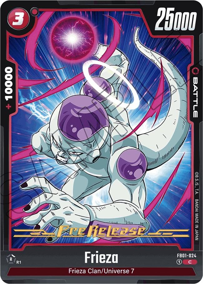 The Frieza (FB01-024) [Awakened Pulse Pre-Release Cards] trading card from the Dragon Ball Super: Fusion World series depicts Frieza, the white and purple extraterrestrial, attacking with energy. The card has a red and black border, 25,000 power, 3 cost, 10,000 combo points, and features labels such as 