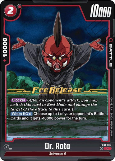 A Dragon Ball Super: Fusion World trading card titled "Dr. Rota [Awakened Pulse Pre-Release Cards]" features Dr. Rota from Universe 6. This battle-ready card has a black border with red accents. Dr. Rota, a reddish bull-like character with tusks, is highlighted by a green aura and includes stats: 10000 power and abilities like "Blocker.