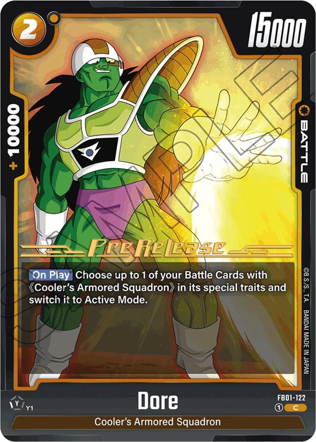 A trading card featuring "Dore" from Cooler’s Armored Squadron. This pre-release card, part of the Dragon Ball Super: Fusion World brand's "Dore [Awakened Pulse Pre-Release Cards]" collection, showcases Dore as a muscular green-skinned character in armor, with an energy cost of 2 and a battle power of 15,000, plus an additional power of +10,000. The text box details Dore's abilities.