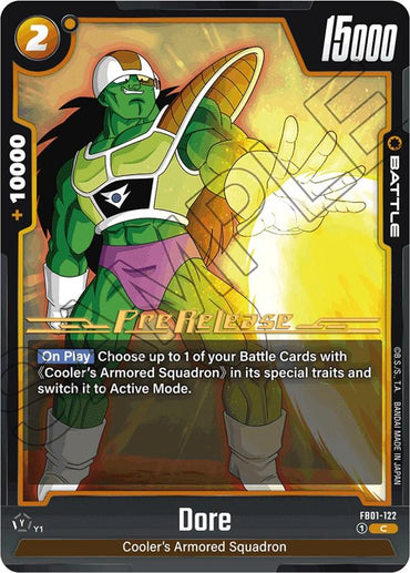 A trading card featuring "Dore" from Cooler’s Armored Squadron. This pre-release card, part of the Dragon Ball Super: Fusion World brand's "Dore [Awakened Pulse Pre-Release Cards]" collection, showcases Dore as a muscular green-skinned character in armor, with an energy cost of 2 and a battle power of 15,000, plus an additional power of +10,000. The text box details Dore's abilities.