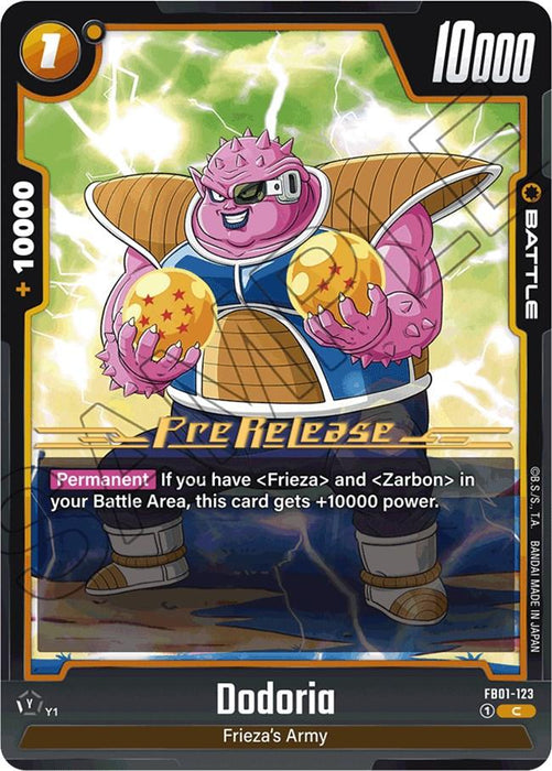 A "Dragon Ball Super: Fusion World" trading card featuring Dodoria from Frieza's army. This Dodoria [Awakened Pulse Pre-Release Cards] shows Dodoria, a pink, spiky character in battle armor, holding two Dragon Balls and grinning menacingly. With a power level of 10,000 and the Awakened Pulse Pre-Release stamp, it can gain +10,000 power.