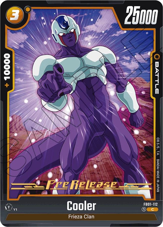 A Dragon Ball Super: Fusion World card showcasing Cooler (FB01-112) [Awakened Pulse Pre-Release Cards]. Cooler, with his futuristic, armored appearance and purple-white color scheme, points forward intensely against a dynamic backdrop. The 