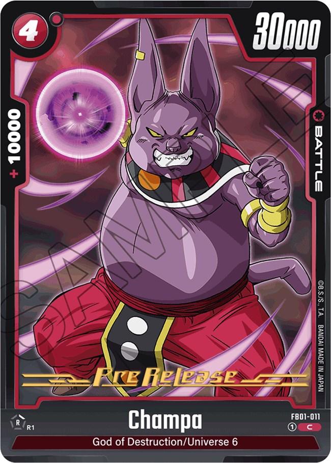 A trading card features Champa, a purple, humanoid cat character from Dragon Ball Super. Champa is poised for battle, holding an energy sphere in his right hand. The card has a power value of 30,000, an energy cost of 4, and the ability 