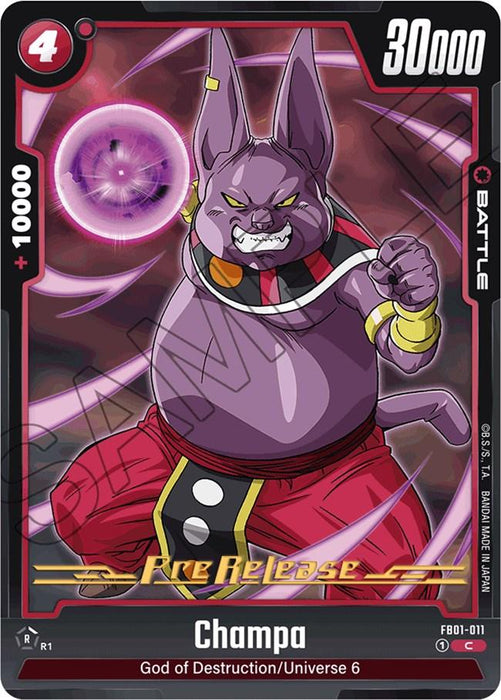 A trading card features Champa, a purple, humanoid cat character from Dragon Ball Super. Champa is poised for battle, holding an energy sphere in his right hand. The card has a power value of 30,000, an energy cost of 4, and the ability "Fire Release." Text at the bottom reads "God of Destruction/Universe 6." This Pre-Release **Champa [Awakened Pulse Pre-Release Cards]** from **Dragon Ball Super: Fusion World**