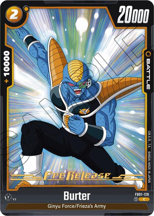 A trading card features Burter from the Ginyu Force/Frieza's Army. Burter, a muscular blue-skinned alien with a yellow mohawk and armor, is posed in an action stance with his arm raised. The card displays stats such as 20,000 power with +10,000 written on the left, "Pre-Release" text, and an energy cost of Burter [Awakened Pulse Pre-Release Cards] by Dragon Ball Super: Fusion World.