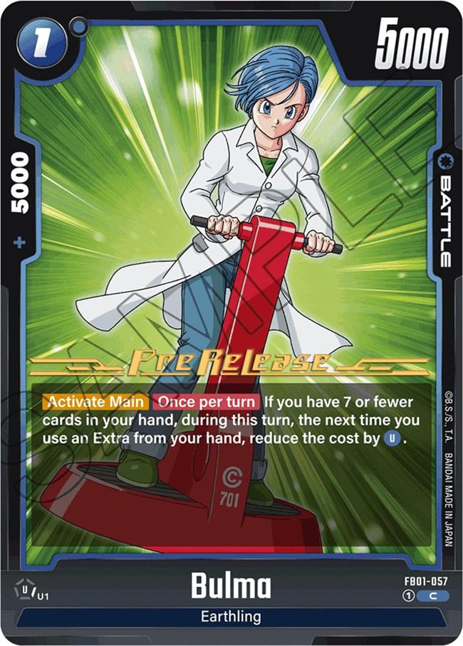 A Battle Card features Bulma, a character with blue hair in a white lab coat and red shoes, standing on a red platform. The card, labeled 