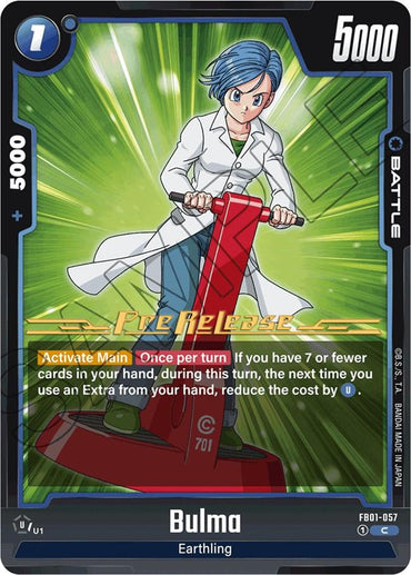 A Battle Card features Bulma, a character with blue hair in a white lab coat and red shoes, standing on a red platform. The card, labeled "Bulma," boasts 5000 power and falls under the "Earthling" category. This Bulma [Awakened Pulse Pre-Release Cards] from Dragon Ball Super: Fusion World includes a special ability description in a yellow text box.