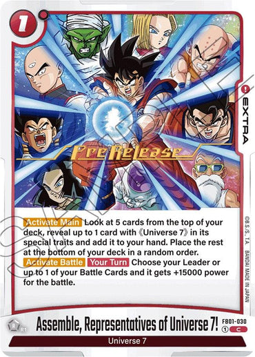 The Dragon Ball Super: Fusion World card, "Assemble, Representatives of Universe 7! [Awakened Pulse Pre-Release Cards]," showcases iconic characters such as Goku and Vegeta in dynamic action poses. This Extra Card is marked with "Awakened Pulse Pre-Release" at the top and includes text below with two headings: "Activate Main" and "Activate Battle Your Turn.