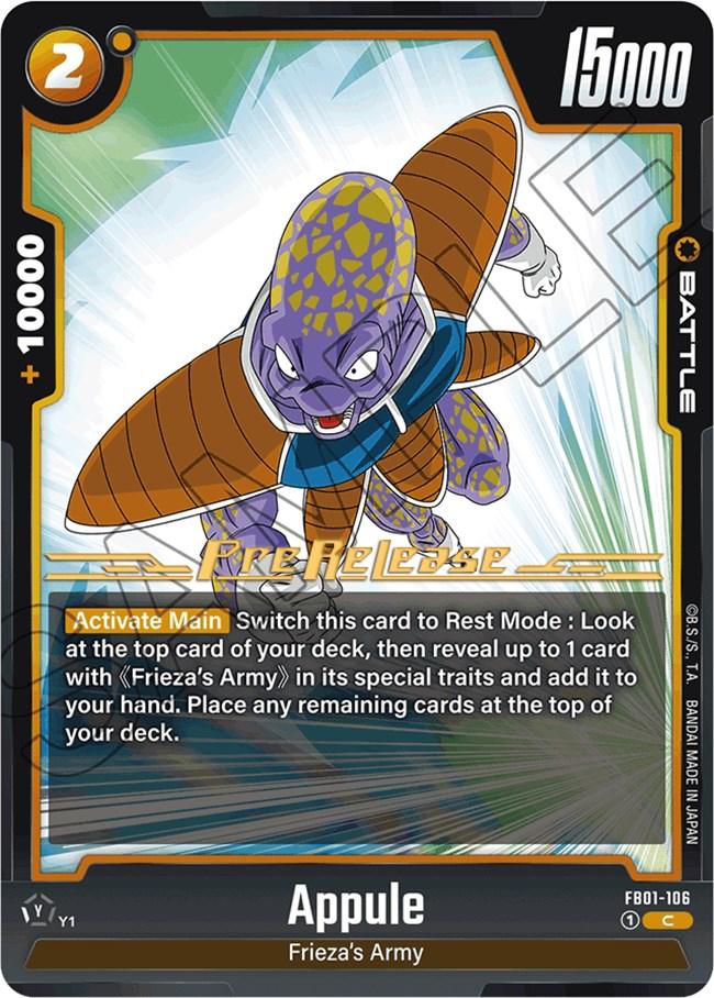 The Appule [Awakened Pulse Pre-Release Cards] from the Dragon Ball Super: Fusion World series features a card depicting Appule, a character from Frieza's Army with purple skin and darker purple spots. He is dressed in blue armor and shown in an action pose against a dynamic, speed-line background. This pre-release card includes game-related text and stats, including a power level of 15000.